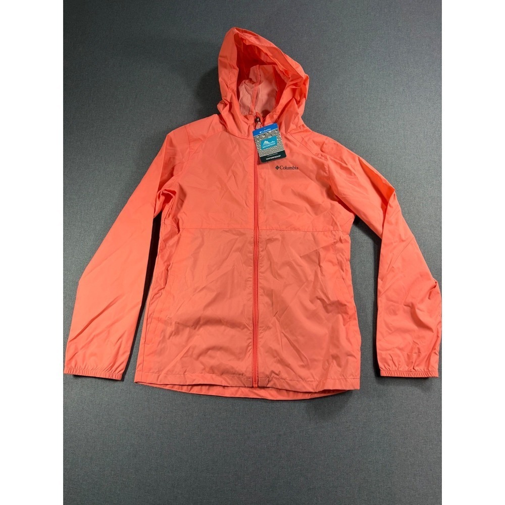 Columbia Kids Waterproof Rain Jacket Coral Orange Hooded Shell Large 14/16 NEW